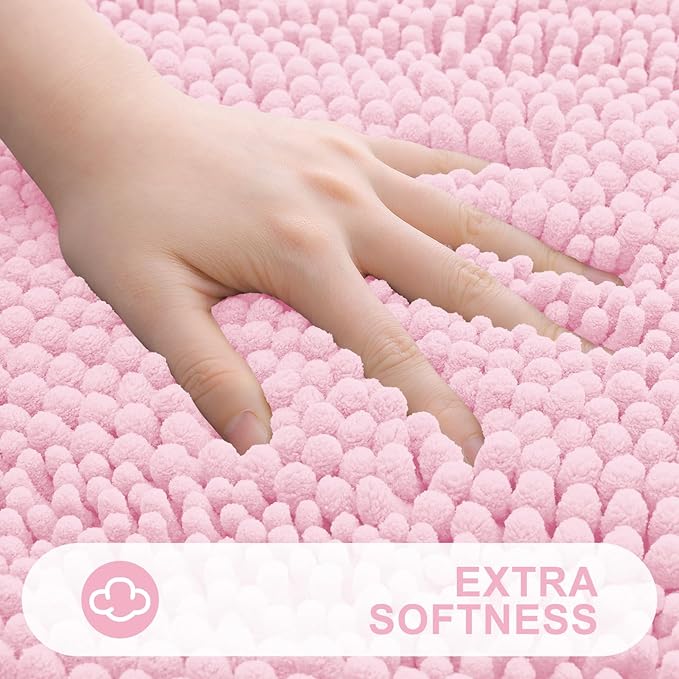 Grandaily Chenille Striped Bathroom Rugs 59x24, Extra Thick and Absorbent Bath Mats, Non-Slip Soft Plush Shaggy Shower Carpet, Machine Wash Dry, Bath Rug for Bathroom, Pink
