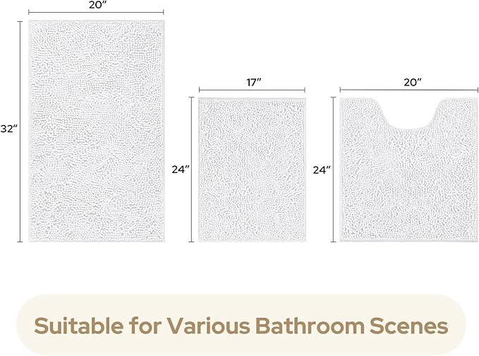 HOMEIDEAS 3 Pieces Bathroom Rugs, Ultra Soft Non Slip Absorbent Chenille Toilet Bath Mat Set (White)