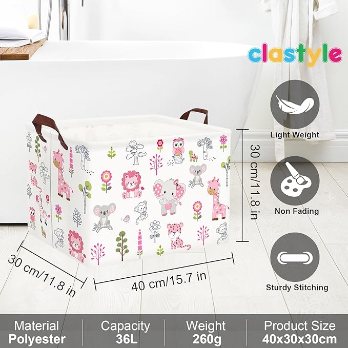 Clastyle Cute Forest Animal Laundry Basket Elephant Lion Kids Clothes Book Storage Basket Gift Toy Box for Bedroom Decor,Pink,40x30x30 cm