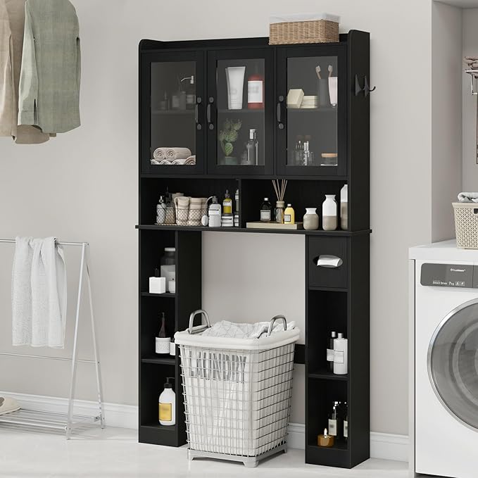 Vabches Over The Toilet Storage Cabinet,Farmhouse Bathroom Organizer with Glass Doors and Adjustable Shelf,Home Space-Saving Toilet Rack,for Restroom,Bathroom, Laundry