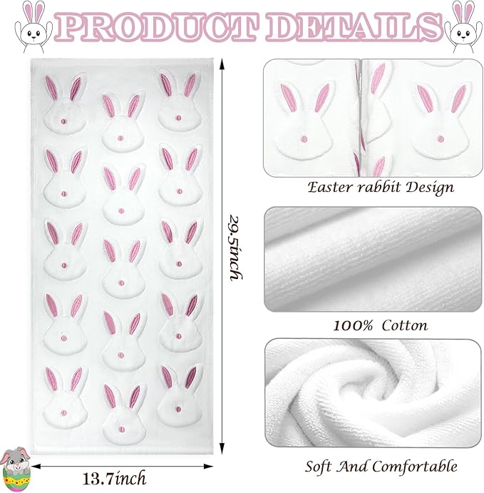 2pcs Easter Bunny Hand Towels Set 100% Cotton Soft Absorbent Spring Bathroom Hand Towels 14x29 Inch Cute Jacquard Easter Kitchen Decor Towels Holiday Kitchen Bathroom Decor Gift(White)