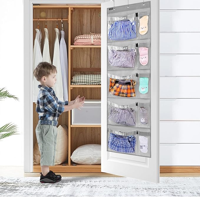 Weekly Kids Clothes Organizer Day of Week School Clothing Storage Monday to Friday Hanging Closet Organizer (Grey)