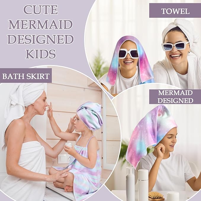 2 Sets Girls Towel Wrap Hair Towel Wrap for Kids with Soft Bath Body Dress Cute Adjustable Bathrobe with Turbans for 3.9-4.9 ft Kids Girls Wet Hair Rapid Drying(Rainbow Style)