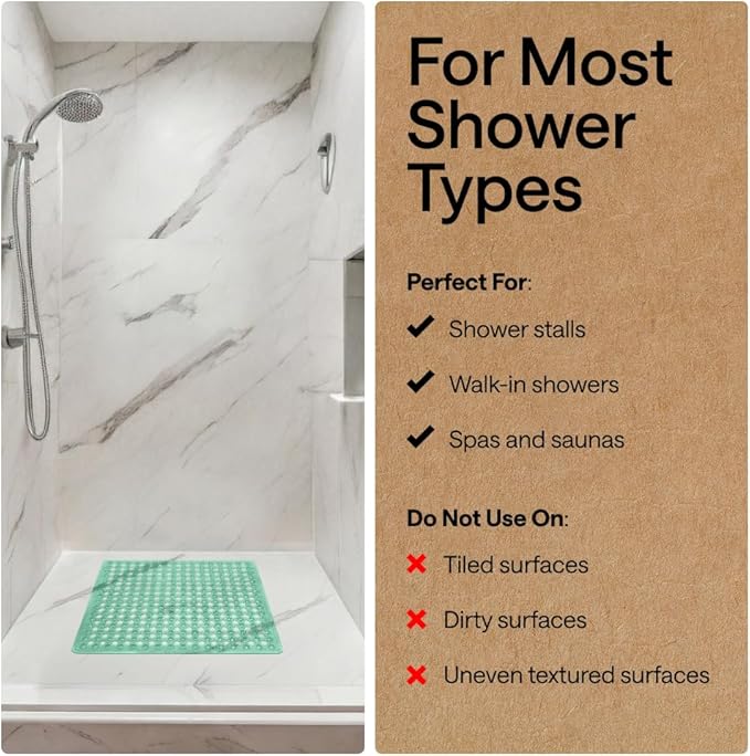 GORILLA GRIP Patented Square Shower Stall Mat, Small Bathtub Floor Mats for Stand Up Showers with Suction Cups and Drainage Holes, Machine Wash, Soft on Feet, Bathroom Accessories 21x21 Inch, Green