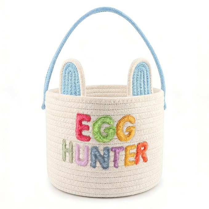 Easter Basket, Soft & Durable Easter Bunny Basket with 10 Pack Eggs, Woven Cotton Rope Egg Baskets