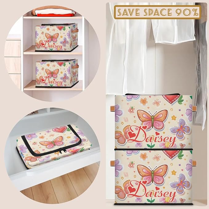 Custom Cute Butterfly Storage-Bin With Zipper Lid for Kids-Girls-Boys-Baby-Pet,Personalized Name Foldable Storage Box with Handle,Baby Basket With Label for Bedroom Nursery Toy Clothes,Light Yellow