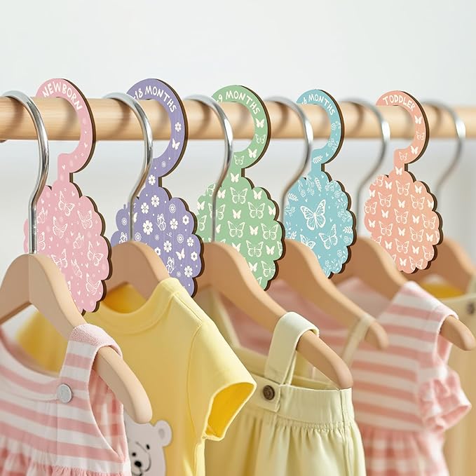 Baby Clothes Dividers for Closet - Set of 8 Wooden Baby Size Closet Dividers Newborn to 24 Months, Newborn Organizer for Girls, Floral Butterfly Baby Nursery Decor Kit Newborns Gift Baby Shower