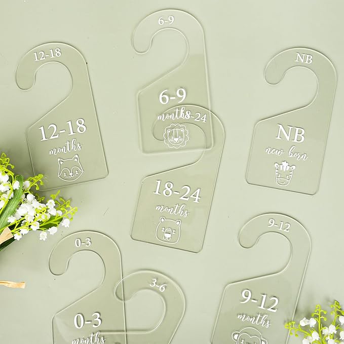 Whaline 7 Pcs Baby Closet Size Dividers Animal Clear Acrylic Hanger Clothes Organizers Newborn to 24 Month Thicken Infant Wardrobe Separators for Home Nursery Baby Clothes