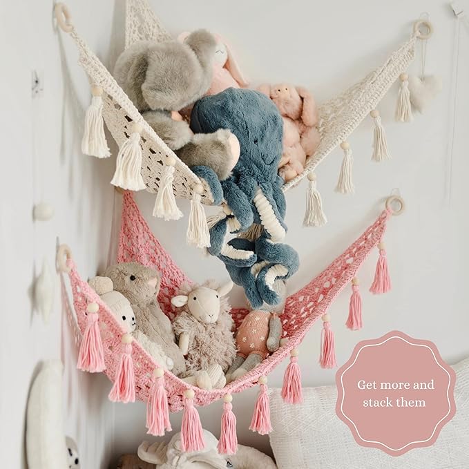 Macrame Toy Hammock for Stuffed Animals - Plushie Toy Hammock for Baby Girl Nursery Decor, Plush Hammock, Stuffy Hammock, Hanging Stuffed Animal Organizer, Sweet Pink
