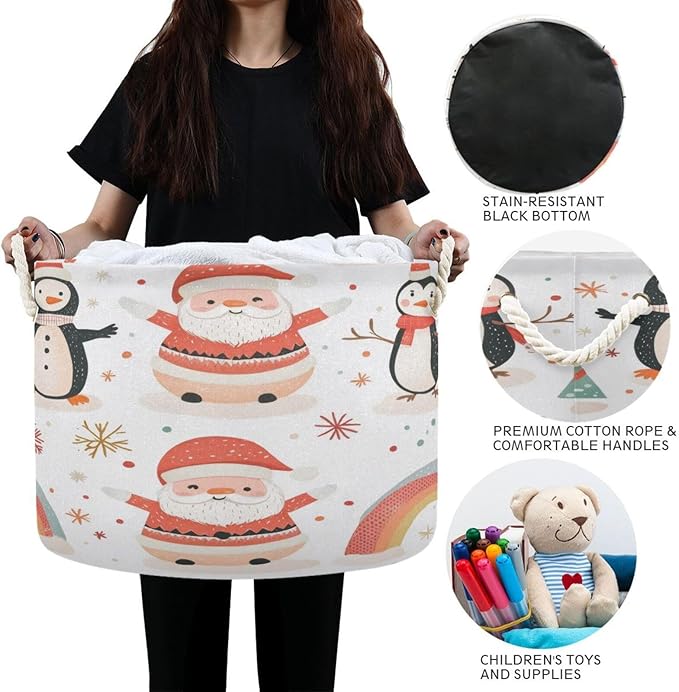 Blanket Storage Basket for Living Room - Cute Santa Penguin Large 20"x20"x14" Cotton Rope Handles Laundry Basket, Foldable for Toy Storage, Blanket Basket