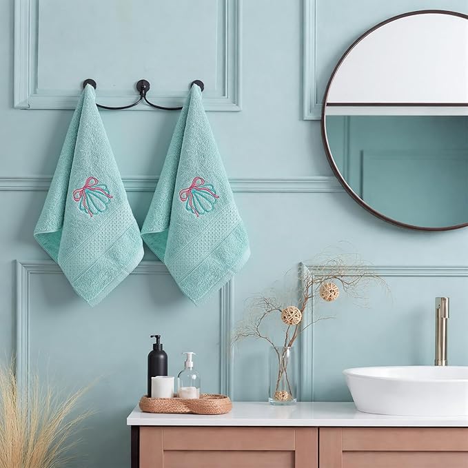 2 Pcs Shell Hand Towels Mint Blue Bathroom Decor 14x29 Inch Embroidered 100% Cotton Soft Absorbent Beach Summer Decorative Hand Towels for Bathroom Kitchen