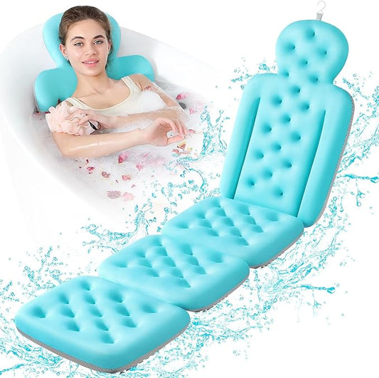 Luxury Bath Cushion, Full Body Bathtub Pillow with 160 Suction Cups, Bath Mat for Head and Neck Support, with Laundry Bag (Blue, 60" x 16")