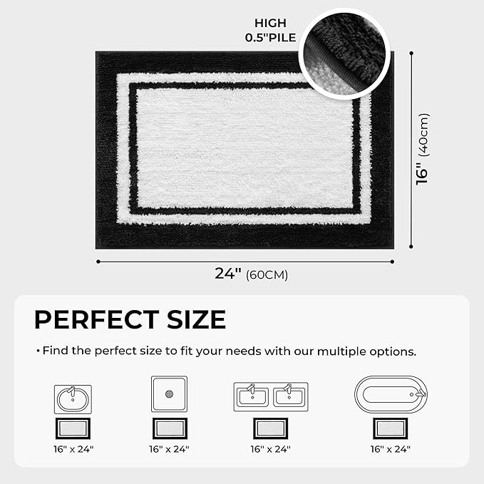GRANNY SAYS Microfiber Bathroom Rugs Non Slip Washable, Water Absorbent Bathroom Mats for Tub Non Slip, Soft Bath Mats for Floor & Shower, Bath Rug, 16" x 24", Black Bath Rug