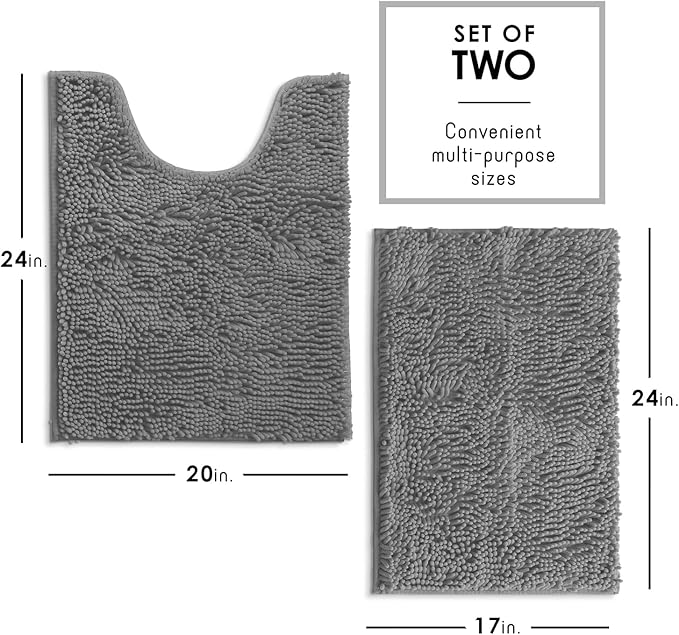 Hearth & Harbor Bathroom Rugs, Chenille Bath Mat - Machine Washable Bath Mats for Bathroom Non-Slip Backing Rubber, Quick Dry Bathroom Mat, 17 x 24 + 20 x 24 - Frost Grey