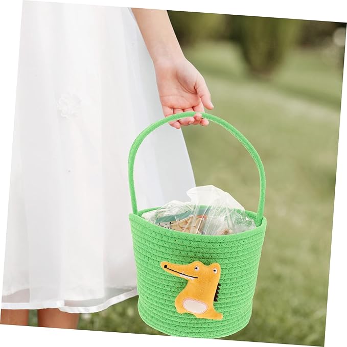 Vaguelly Handwoven Small Cotton Rope Basket for Shower and Wedding Candy Container Lightweight Mini Dinosaur Snack Bucket Nursery and Boy Girl Storage Pet Toy Organizer Portable Woven Crate