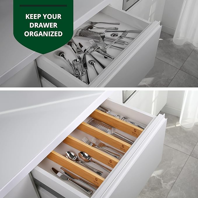 Bamboo Drawer Dividers Organizers, Adjustable Drawer Separator Splitters, 17–22 Inches Expandable Drawer Divider Organizer for Large Utensils, Kitchen, Bedroom, Dresser & Office Drawers 4-Pack
