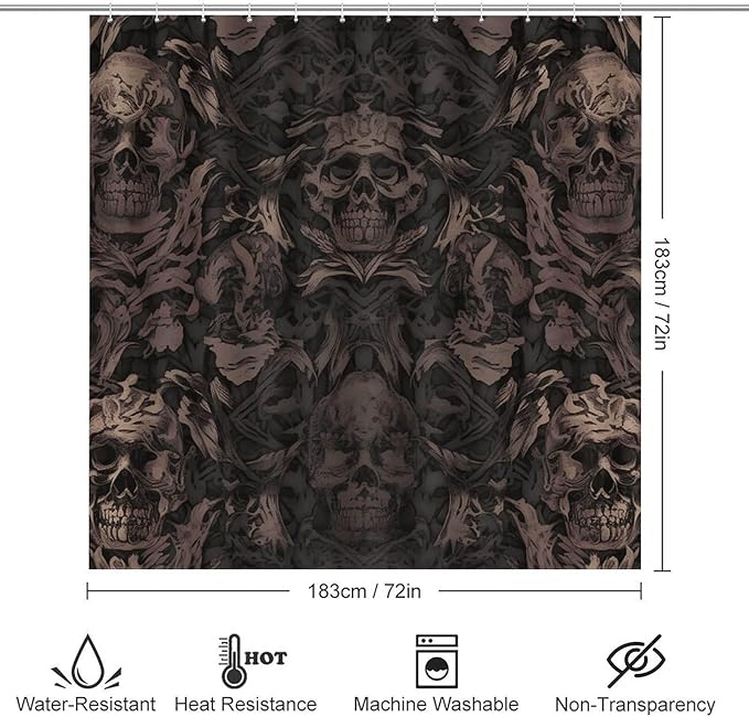 4-piece Bathroom Set with Waterproof Shower Curtain, Non-slip Absorbent Rug,Gothic Wallpaper for Walls Skull Damaskprinting And Toilet Seat Cover - Bathroom Accessories And Decor for Modern Homes, Wit