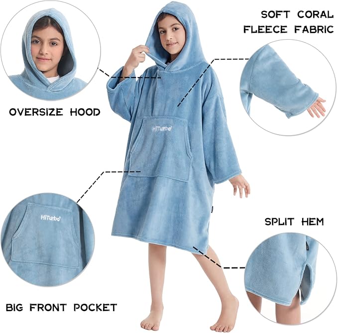 Hiturbo Kids Towel Changing Robe: Soft Plush Wearable Blanket - Warm Coral Fleece Hoodie - Swim Surf Poncho for 5-12 Years (Blue)