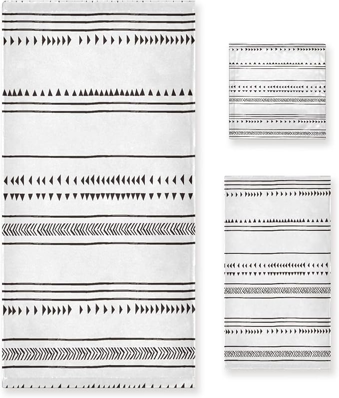3 Piece Black and White Boho Bath Towels Set,Microfiber Absorbent Geometric Chic Triangle Minimalist Towels for Bathroom,1 Bath Towel,1 Hand Towel,1 Washcloth,Decorative Bathroom Towels