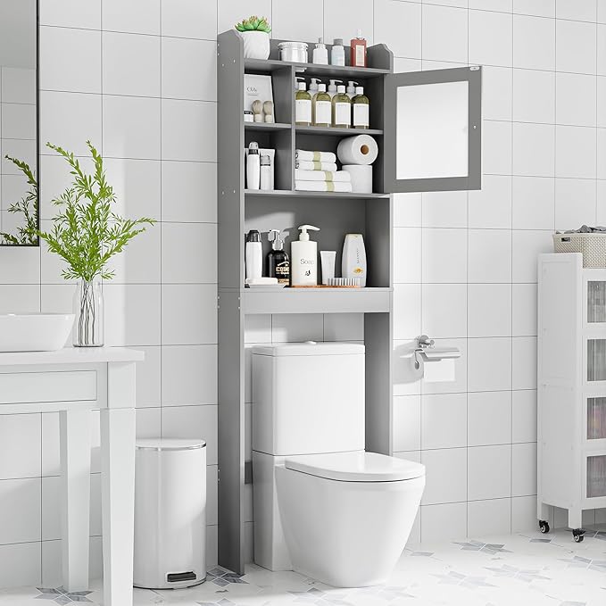 ZenStyle Over The Toilet Cabinet Double Door Wood Bathroom Storage Organizer with Adjustable Shelves, Cubby and Tempered Glass Door (Grey)