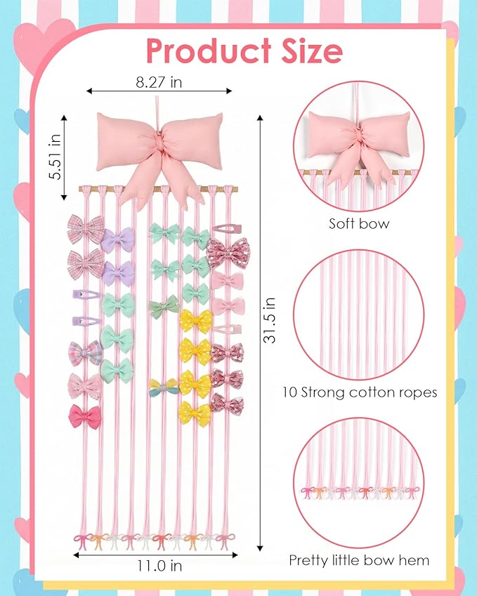 HAYVAN Bow Holder for Girls Hair Bows - 31.5"x11" Pink Bow & Hair Clip Organizer with Hanging Hook & Gift Card, Baby Bow Organizer and Nursery Room Decor