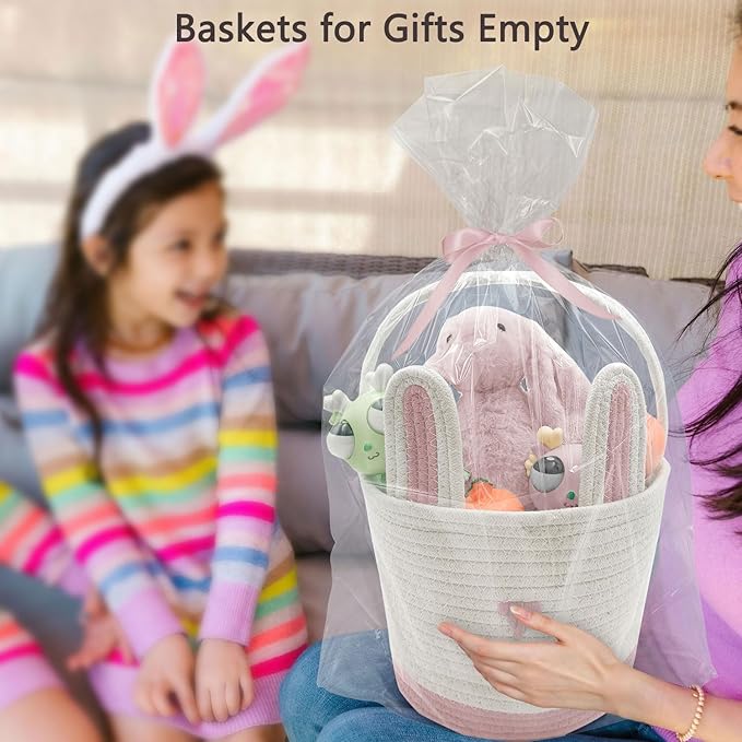 2 Pack Large Woven Easter Baskets for Kids - Boy & Girl Options, Empty Basket with Gift Bags and Ribbons Cute Easter Decorations Bunny Ears Designs (Pink+Blue)