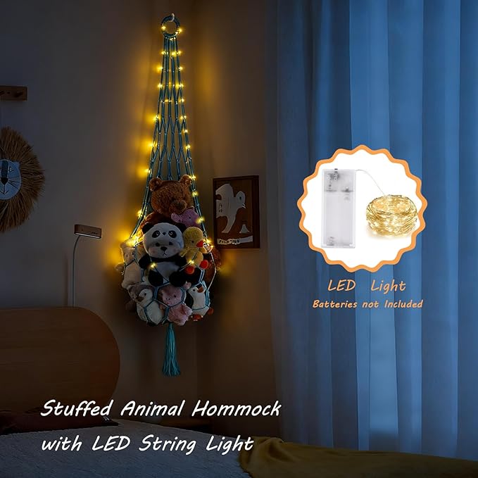 Stuffed Animal Hammock Corner Net with LED Light Plushies Storage Hammock for Stuffed Animals Boho Room Decor Macrame Wall Decor