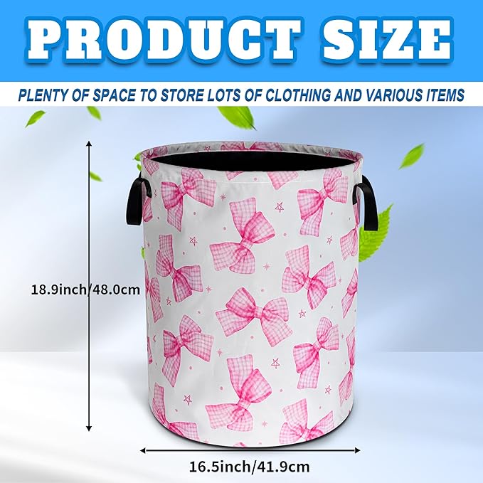 Pink Bow Laundry Basket Oxford Cloth Bowknot Laundry Hamper With Handle Foldable Portable Clothes Storage Basket 18.9 X 16.5 In Storage Bag For Laundry Room/Bathroom/Bedroom/Dormitories
