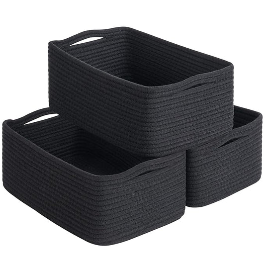 Goodpick Storage Baskets, Rope Shelf Basket Small Baskets for Gifts Empty Storage Baskets for Organizing Toy Baskets Storage Kids Storage Bins Woven Baskets 3 Pack, Black, 13 x 8 x 5 in