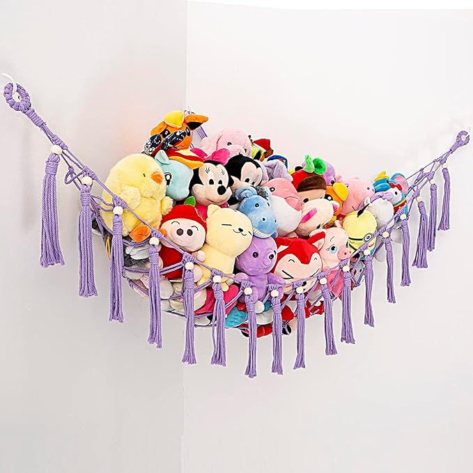 Stuffed Animals Hammock Corner Hanging Net with Wooden Beads Macrame Stuffed Animal Storage Ideas Plush Holder Toy Organizer for Boho Nursery Playroom Bedroom Kids Room Decor (purple, X-Large)
