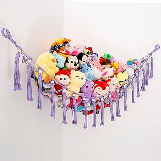 Stuffed Animals Hammock Corner Hanging Net with Wooden Beads Macrame Stuffed Animal Storage Ideas Plush Holder Toy Organizer for Boho Nursery Playroom Bedroom Kids Room Decor (purple, X-Large)
