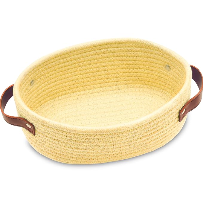 ABenkle Small Woven Basket with Handles, Mini Rope Storage Basket, Tiny Cute Shelf Basket, Oval Decorative Toys Basket for Nursery, Living Room, Empty Gift Basket, 9.4" x 5.9" x 3.9" - XS
