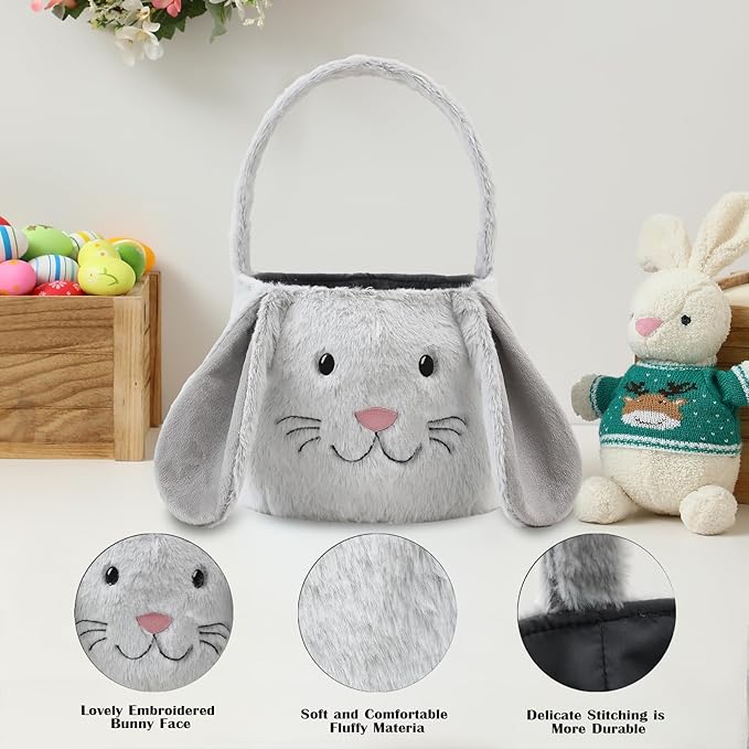 Easter Bunny Basket,Cute Easter Bucket Bags with Rabbit Ears for Easter Eggs Hunting,Easter Decorations,Candy Gifts Storage (Grey/White)