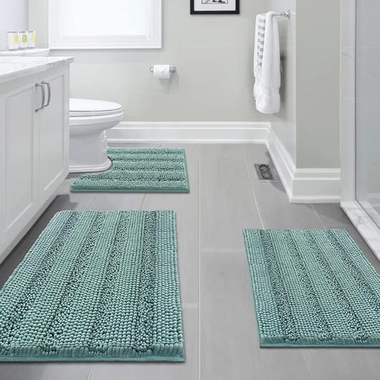 H.VERSAILTEX 3 Piece Bathroom Rugs Sets Thick Striped Bath Rugs Set for Bathroom Non Slip Soft Absorbent Bath Mat Set for Tub, Shower and Toilet(17''x24''+20''x32''+20''x24'' U-Shaped, Eggshell Blue)