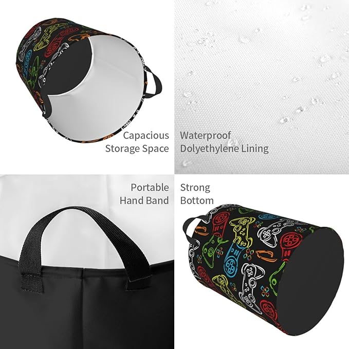 Game Joysticks Colorful Silhouettes Round Laundry Hamper Gaming Theme Storage Basket Toys Clothes Organizer Bin For Home Bathroom Bedroom Dorm Nursery, 62l