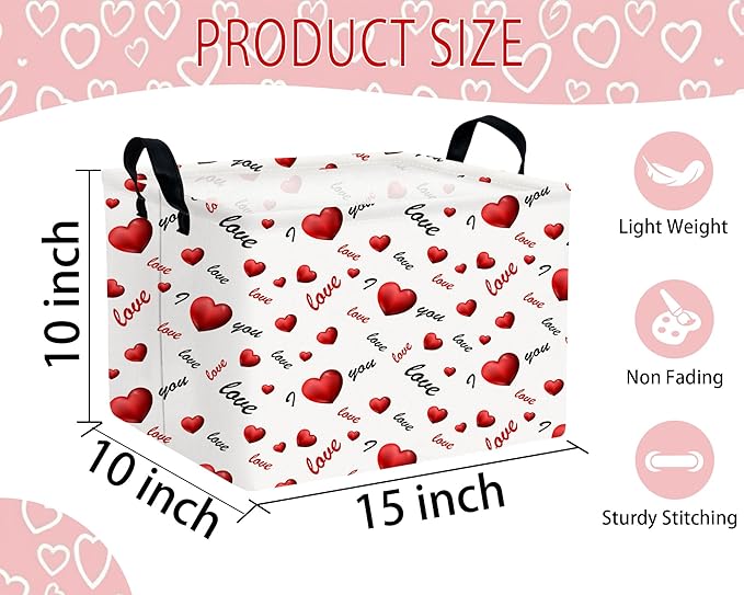 Large Valentine's Day Basket Heart Shaped Storage Bin for Gifts Collapsible Organizer Room Decor (3D Love)