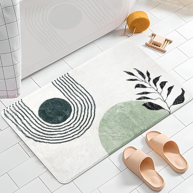 17"X24" Boho Bath Rugs for Bathroom Decor Non-Slip Bath Mat Absorbent Plush Microfiber Soft Carpet Machine Washable Bath Mat for Sink, Showers, Laundry Rooms, Living Room, Green