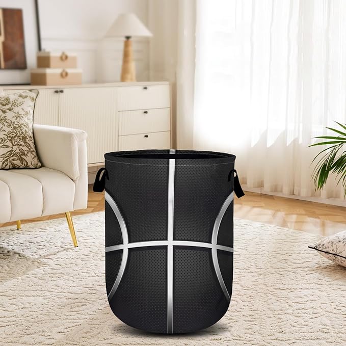 Cool Basketball Laundry Basket, Sport Ball Laundry Hamper Collapsible Oxford Cloth with Handle Clothes Toy Storage Bin for Bathroom Laundry Room Bedroom 15.7 X 20 Inch