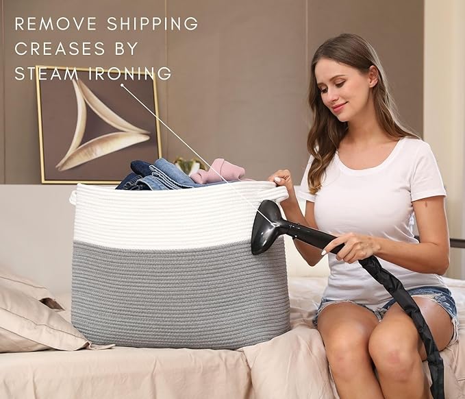 20"x12"x16" Mega Size Rectangular Extra Large Storage Basket, Rectangular Cotton Rope Storage Baskets, Woven Laundry Hamper, Cloth Storage Bin, for Clothes Blanket in Living Room, Grey Basket