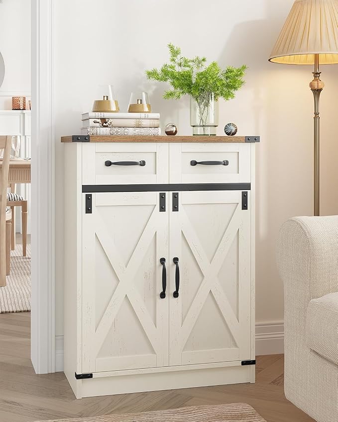 Bathroom Storage Cabinet, Freestanding Bathroom Floor Cabinet with Drawers & Doors, Farmhouse Buffet Cabinets with Adjustable Shelf, for Kitchen, Living Room, Entryway, White Brown SC62414X