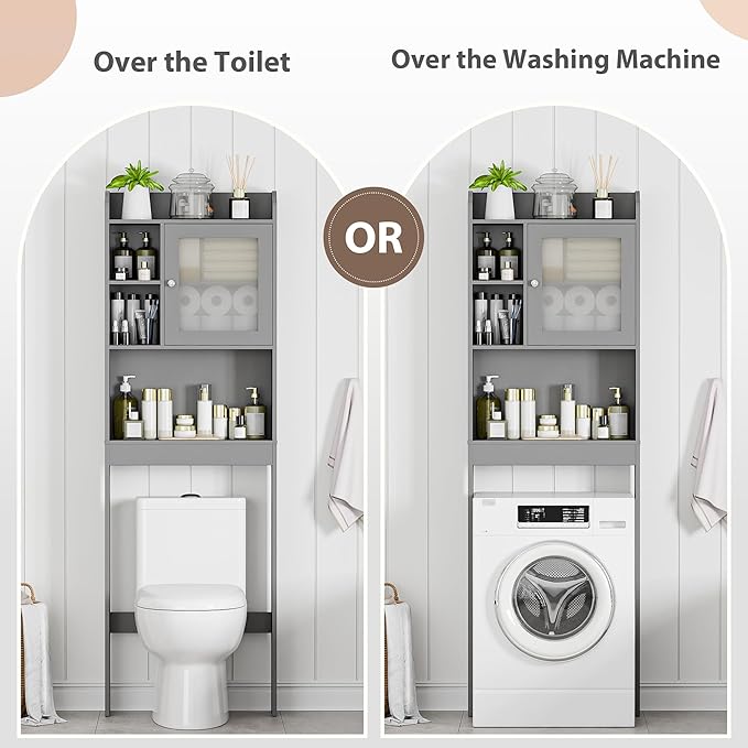 ZenStyle Over The Toilet Cabinet Double Door Wood Bathroom Storage Organizer with Adjustable Shelves, Cubby and Tempered Glass Door (Grey)