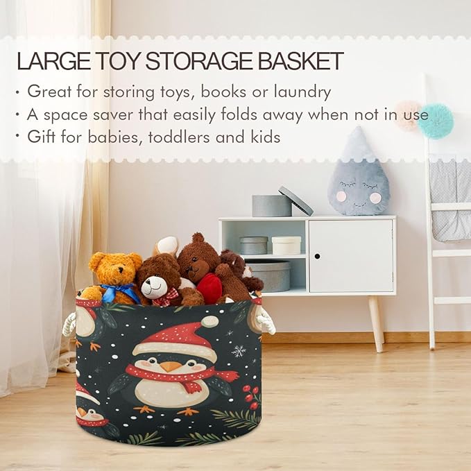 Blanket Storage Basket for Living Room - Cute Christmas Penguin Large 20"x20"x14" Cotton Rope Handles Laundry Basket, Foldable for Toy Storage, Blanket Basket