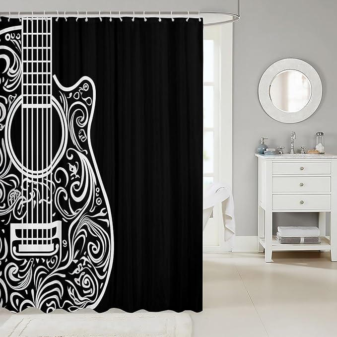 Guitar Bath Curtain Music Themed Guitar Shower Curtain Guitar Instruments Print Bathroom Shower Curtain Set for Stalls Bathtubs Room Decor Stylish Black White Waterproof Bathroom Curtains 72x78 Inch