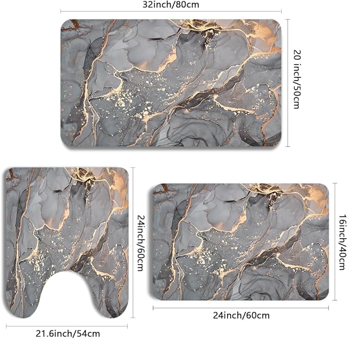 Grey Gold Marble Bathroom Mats Rugs Sets 3 Piece, Abstract Bath Mat Quick Dry Thin Rubber Back Diatomaceous Earth Rugs with U-Shaped Contour Toilet Mat for Bathroom Decor Floor Shower Room