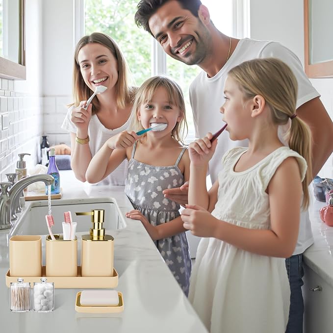 25PCS Bathroom Accessory Set, Beige Bathroom Set with Large-Capacity 4 Gallon Trash Can,Bathroom Rugs Set, Waterproof Shower Curtain, Toilet Brush, Toothbrush Holder & Soap Dispenser