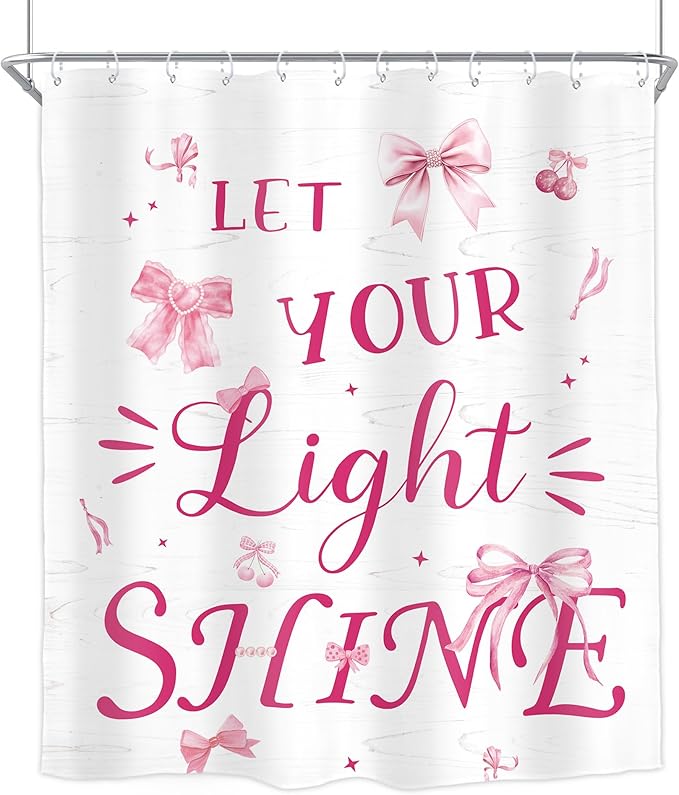 Homewelle Pink Shower Curtain Inspirational Ouotes Girls Bow Funny Cherry Classical English Letter Let You Light Shine 60Wx72H Inch Aesthetic Modern Waterproof Polyester Fabric Bathroom Bathtub