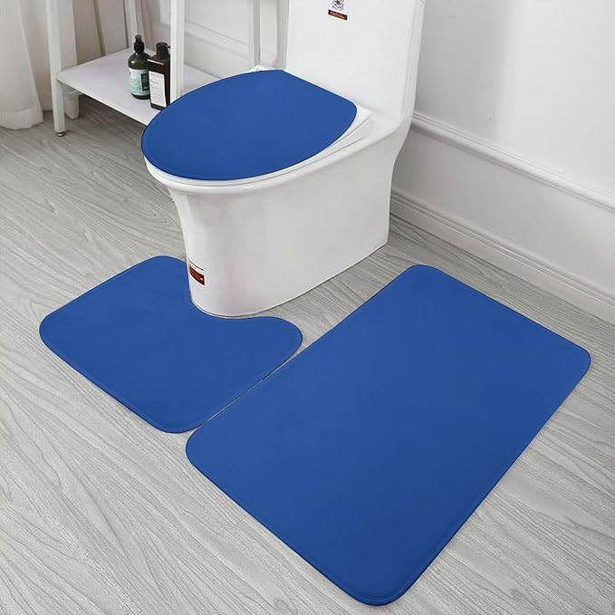 3 Pieces Bath Rug Sets, Royal Blue Trend Color Bathroom Mat Set Non Slip U Shaped Contour Rug & Toilet Lid Cover
