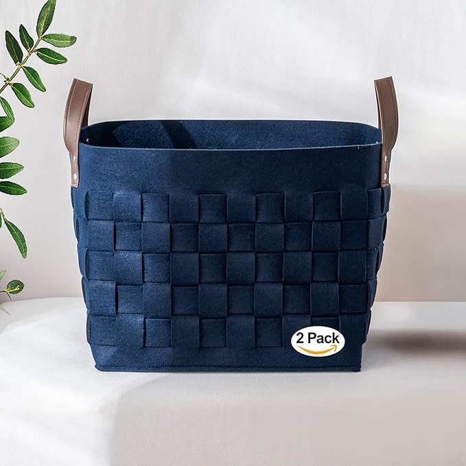 BOLDMONKEY Blankets Baskets 15" x13 " x11 " 2 Pack, Large Rectangular Toys Baskets with Leather Handle, Soft Baby Nursery Basket for Storage-Navy Blue