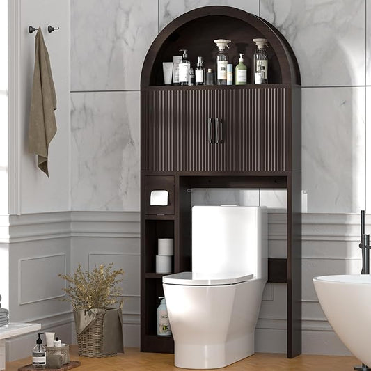 Over The Toilet Storage Cabinet, Bathroom Organizer Over Toilet, Arched Storage Organizer Cabinet with Anti-Tip Device and Adjustable Shelf for Washroom Laundry and Restroom, Espresso