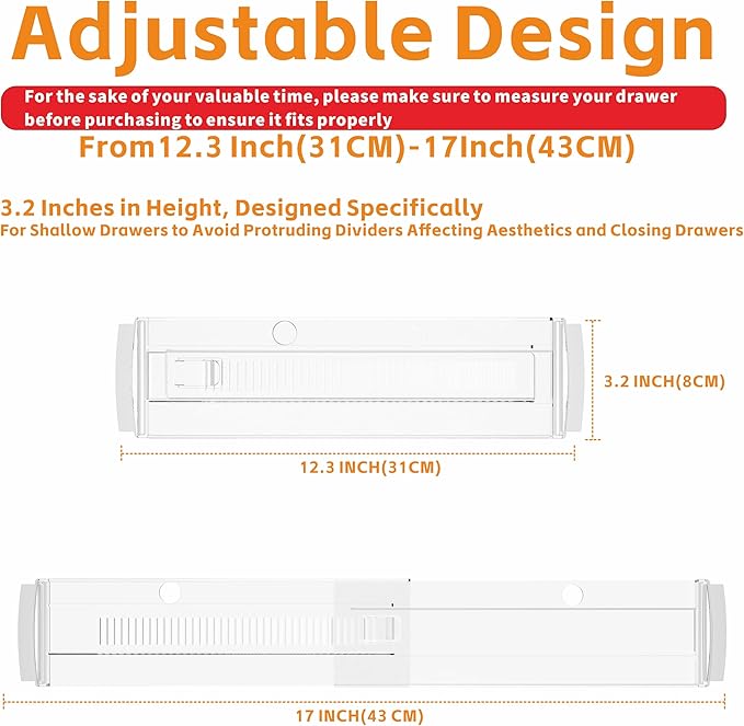 Yieach 5 Pack 3.2 Inch Shallow Acrylic Drawer Divider for Clothes -Expandable from 12.3-17''-Adjustable Dresser Drawer Divider for Baby Clothing,Underwear,Clear in Drawer Separators for Kitchen,Office